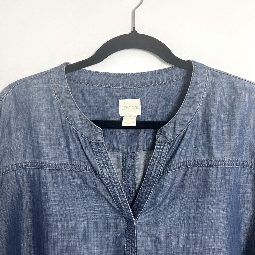 Chico's Chambray 100% Lyocell Long Split Cuff Bell Sleeve Tunic Top Size 16 - Picture 4 of 10